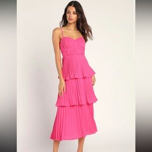 Lulus ‘Cascading Crush Hot Pink Tiered Midi Dress’ *still available on the app*